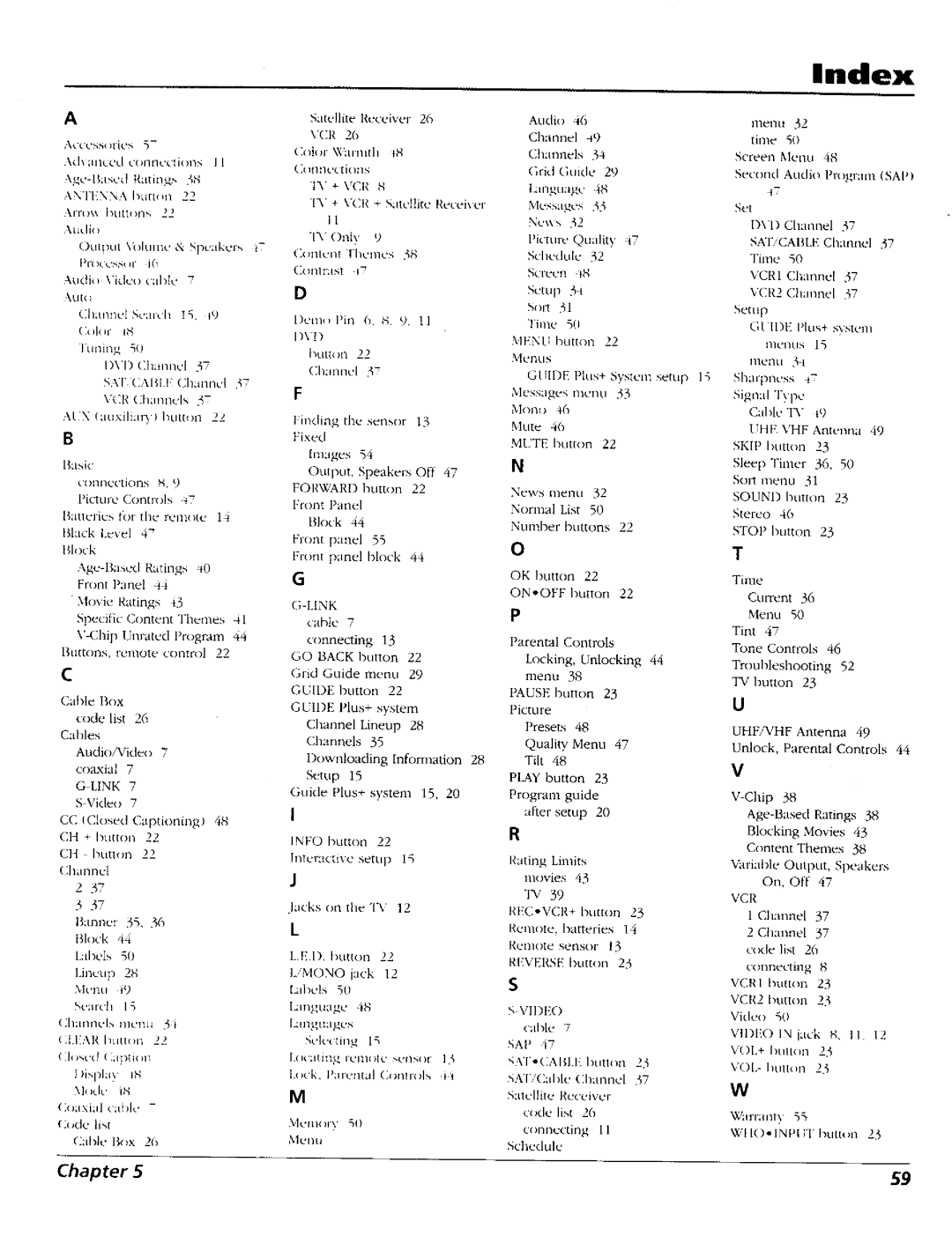 RCA 15491880 manual Index, Ontcnt rhcnles 