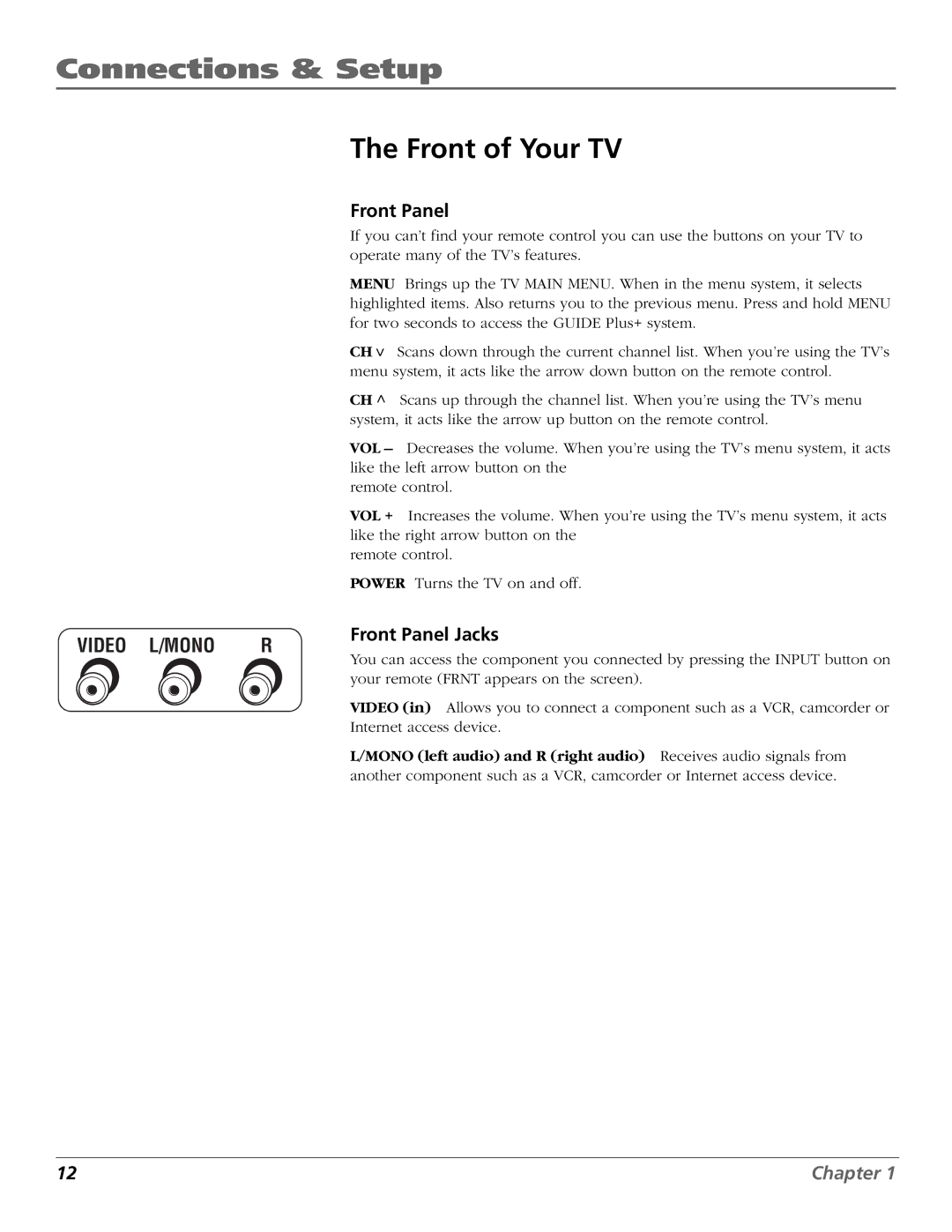 RCA 15634620 manual Front of Your TV, Front Panel Jacks 