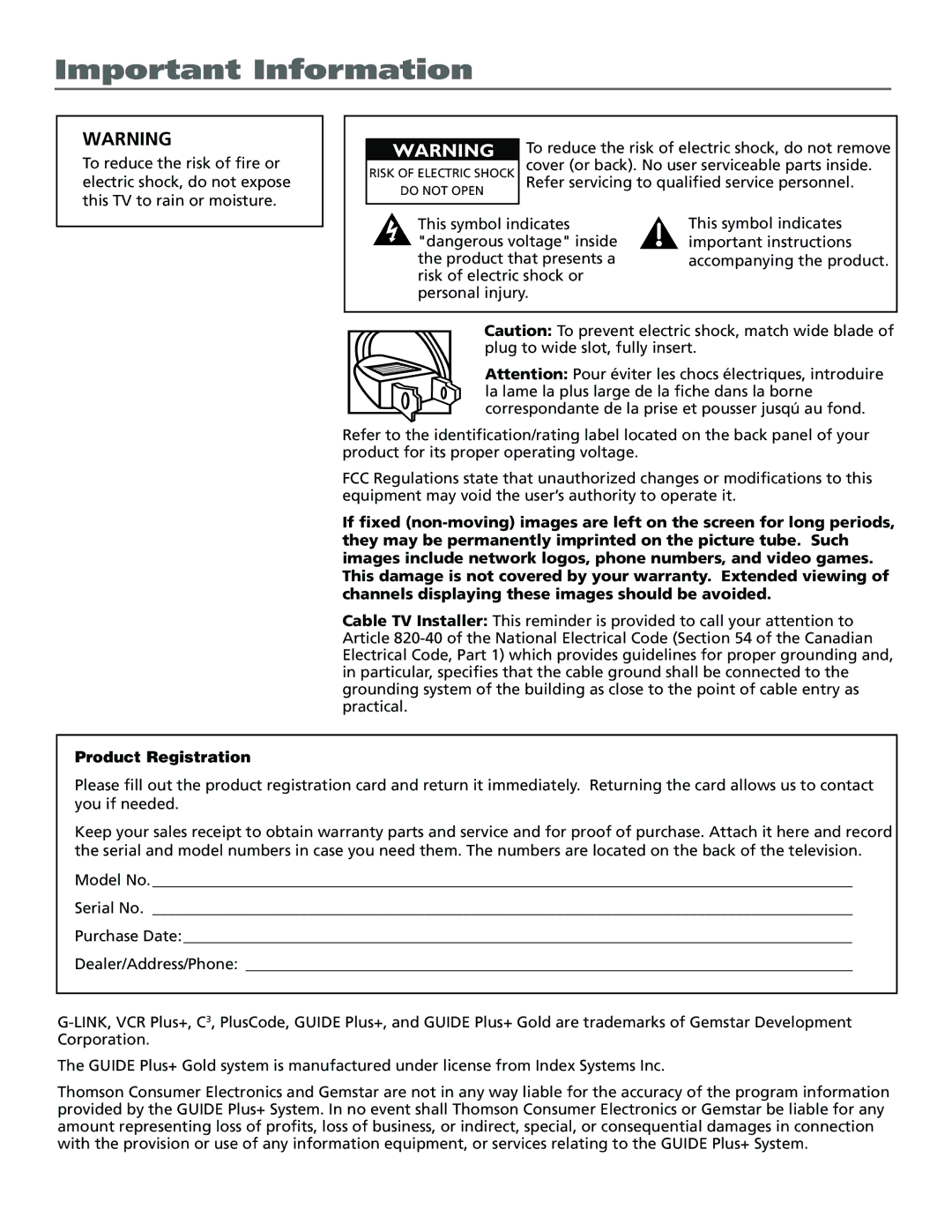 RCA 15634620 manual Important Information, Product Registration 