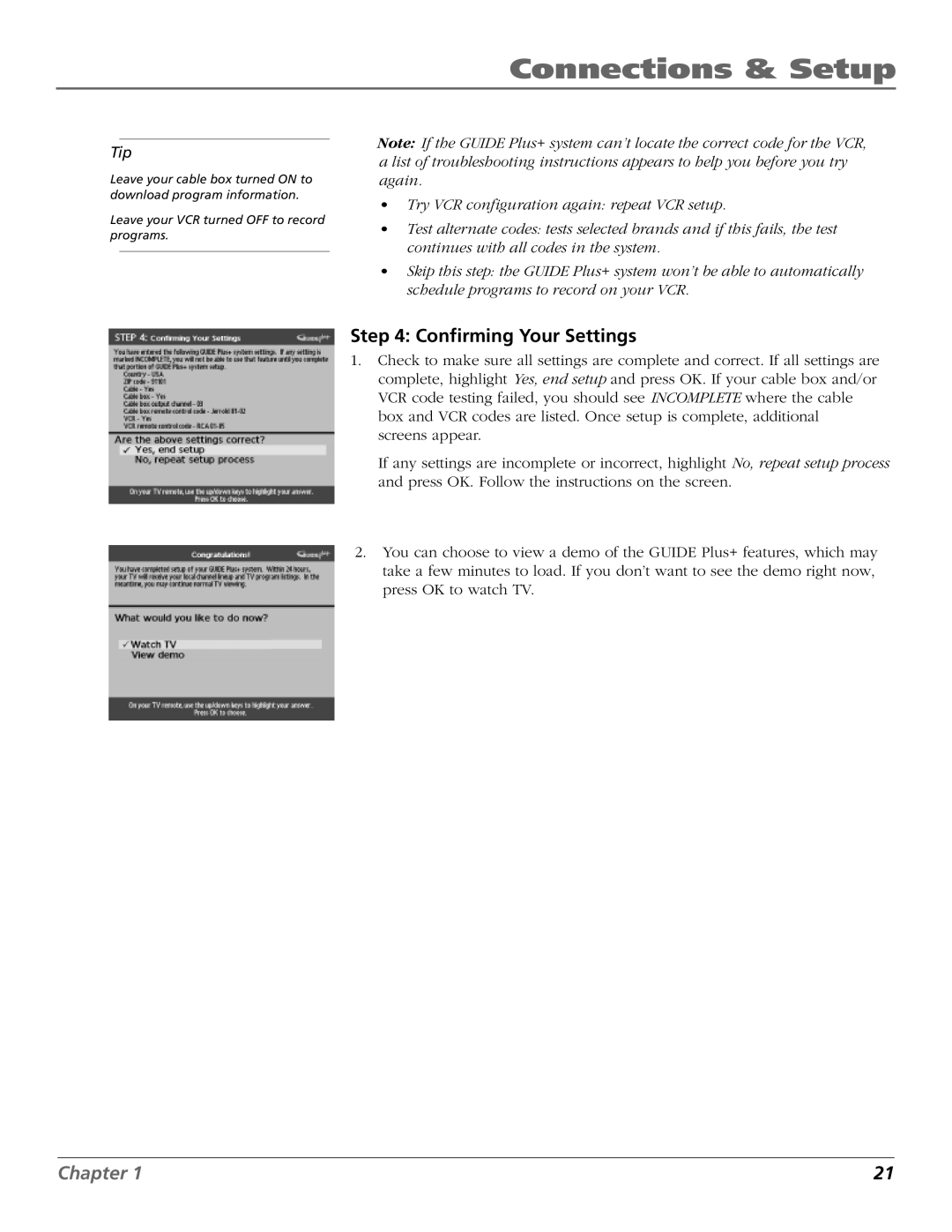 RCA 15634620 manual Confirming Your Settings 