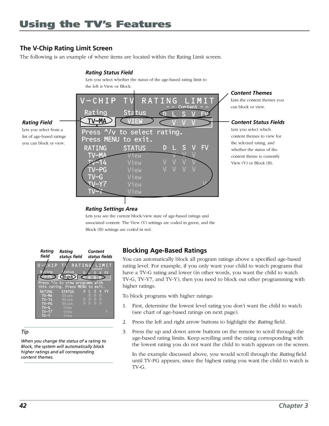 RCA 15634620 manual V-Chip Rating Limit Screen, Blocking Age-Based Ratings 