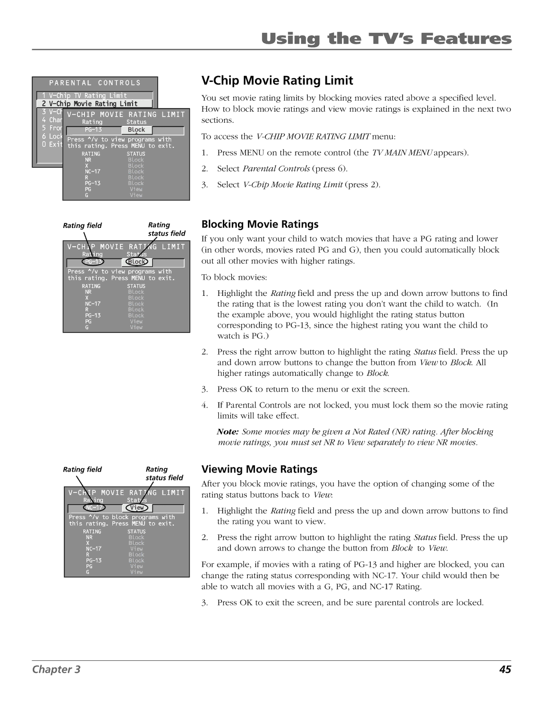 RCA 15634620 manual Chip Movie Rating Limit, Blocking Movie Ratings, Viewing Movie Ratings 