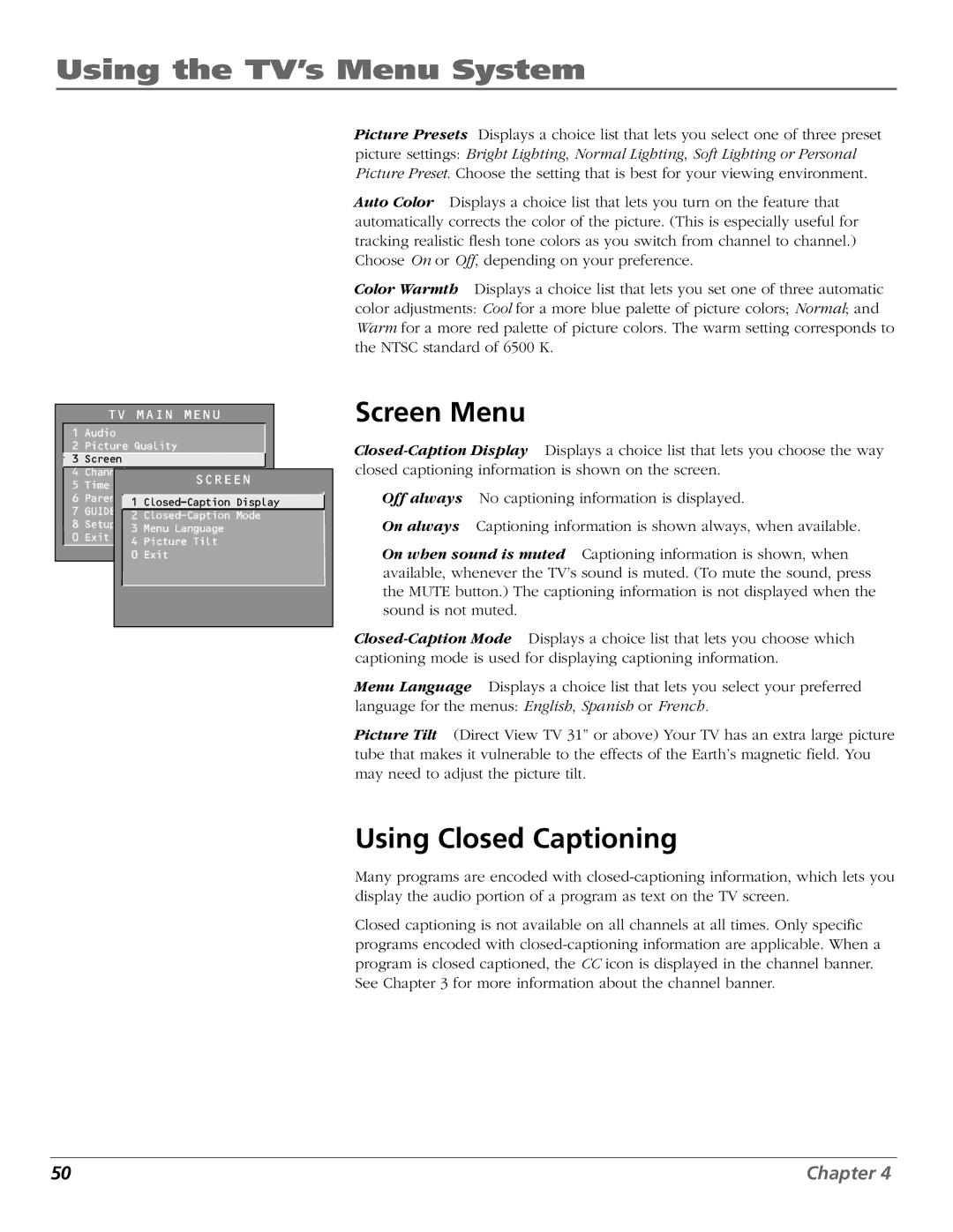 RCA 15634620 manual Screen Menu, Using Closed Captioning 