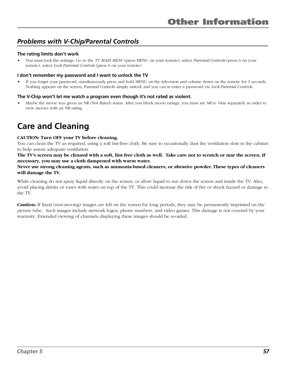 RCA 15634620 manual Care and Cleaning, Problems with V-Chip/Parental Controls 