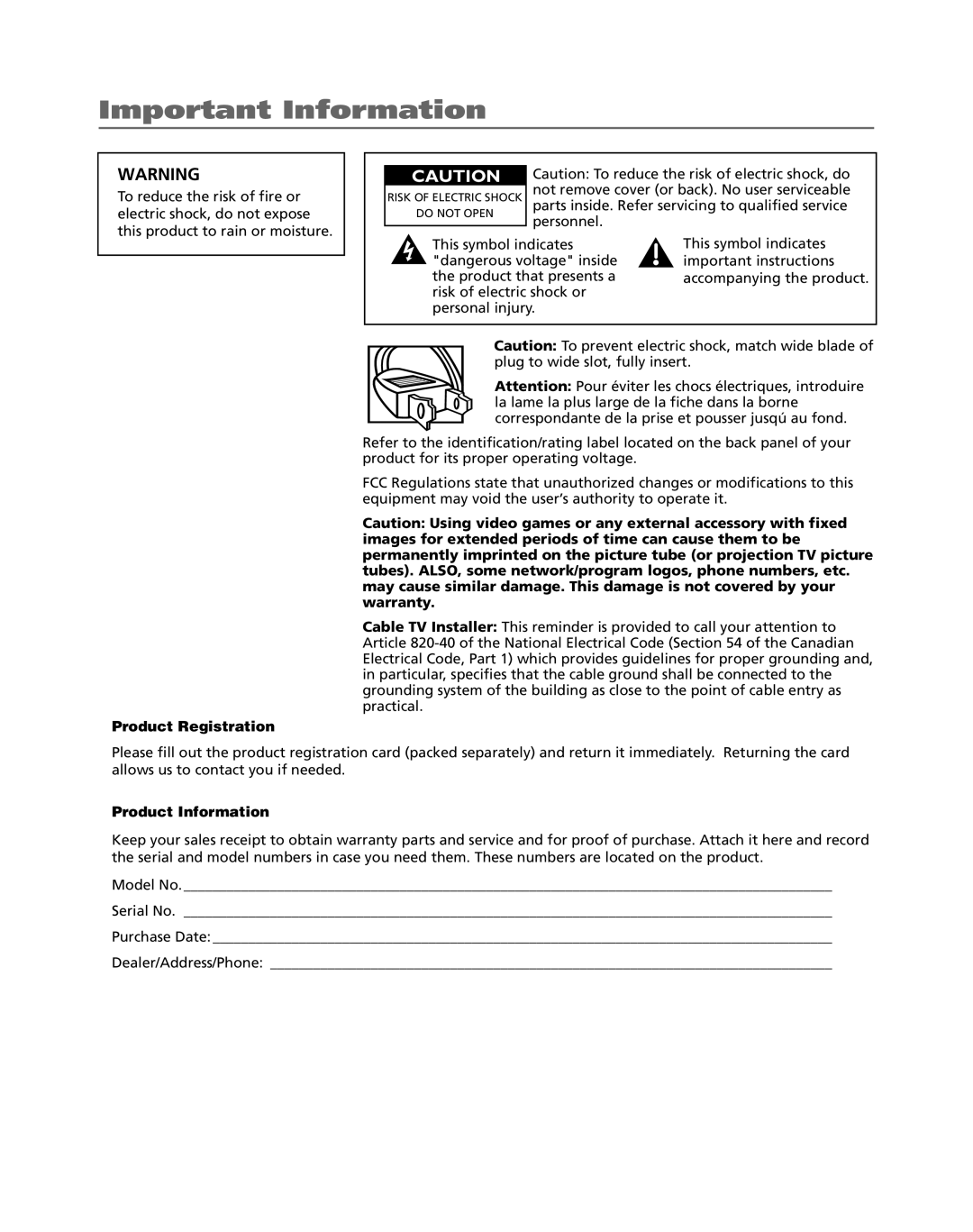 RCA 15956220 manual Important Information 