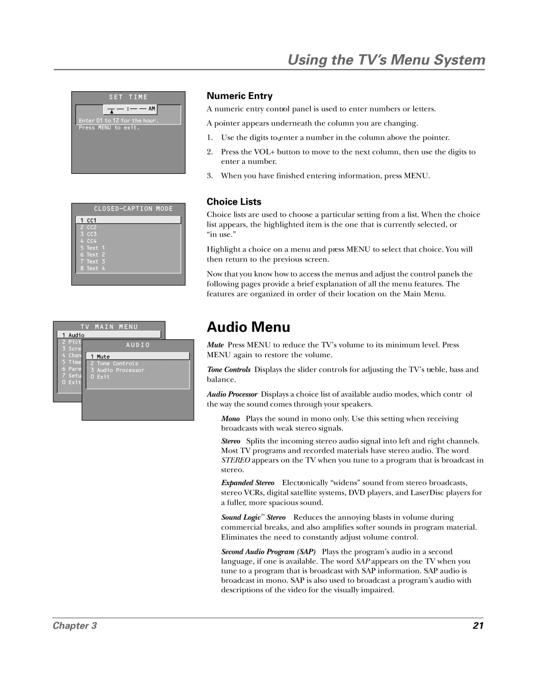 RCA 15956220 manual Audio Menu, Numeric Entry, Choice Lists 