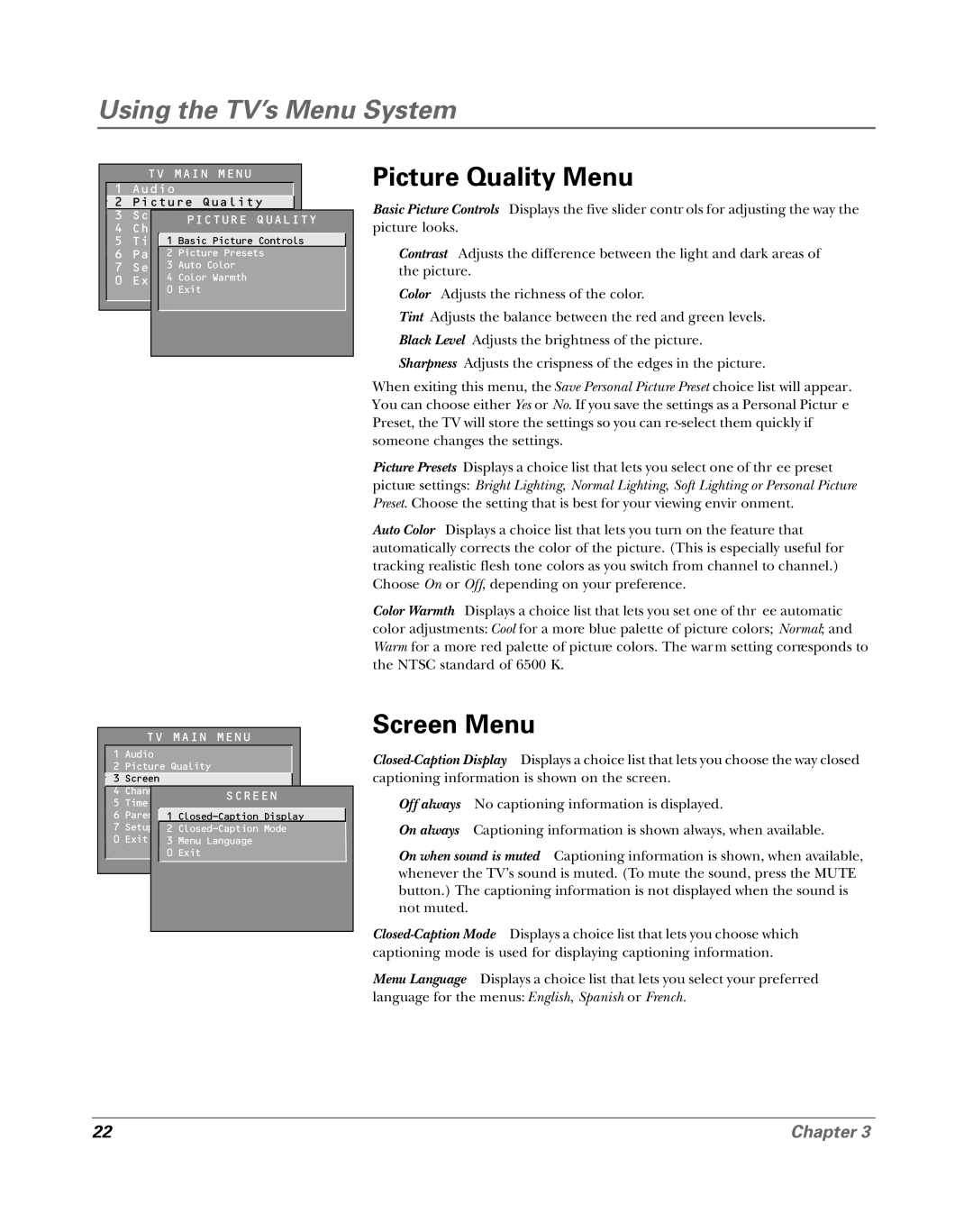 RCA 15956220 manual Picture Quality Menu, Screen Menu 