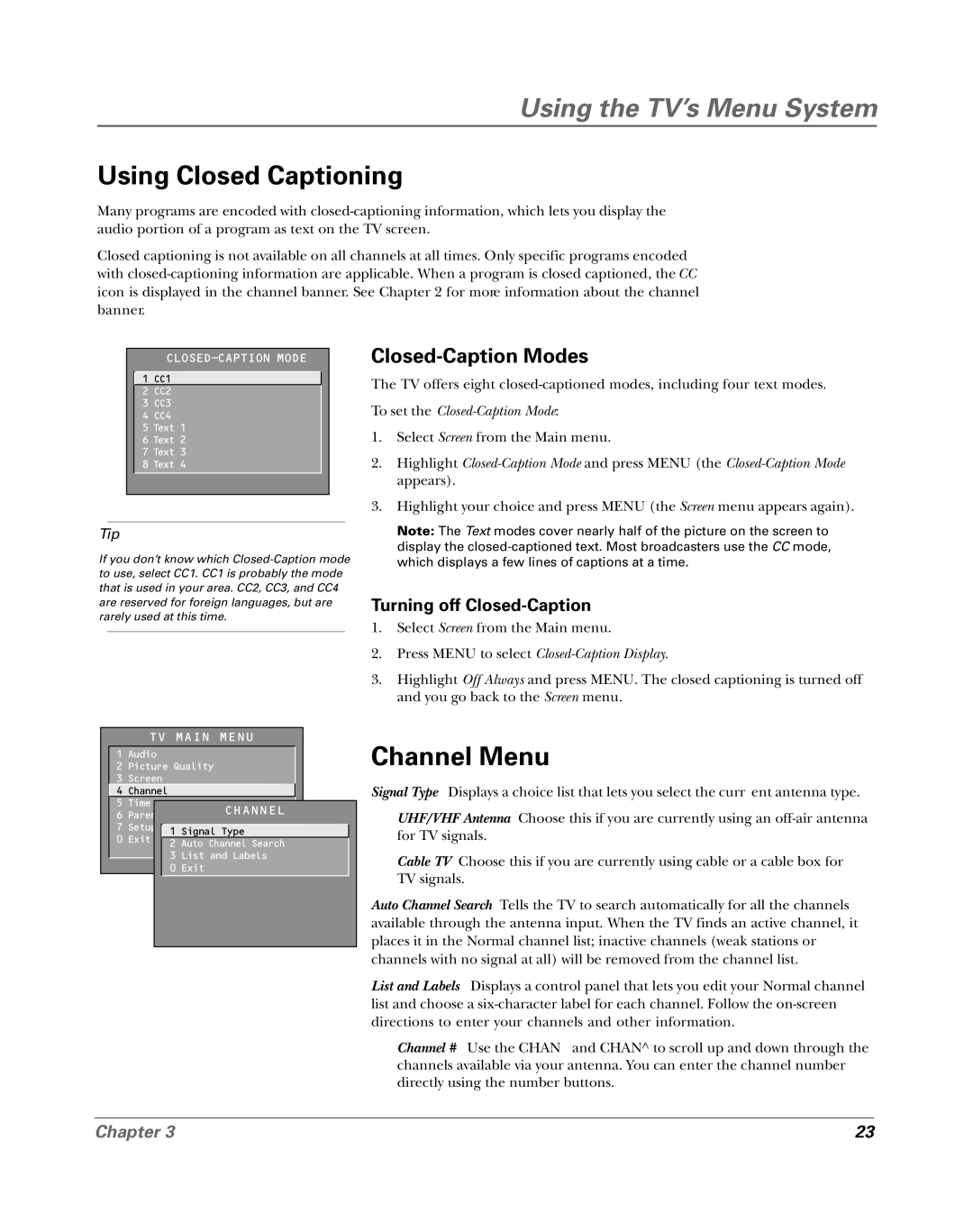 RCA 15956220 manual Using Closed Captioning, Channel Menu, Closed-Caption Modes, Turning off Closed-Caption 