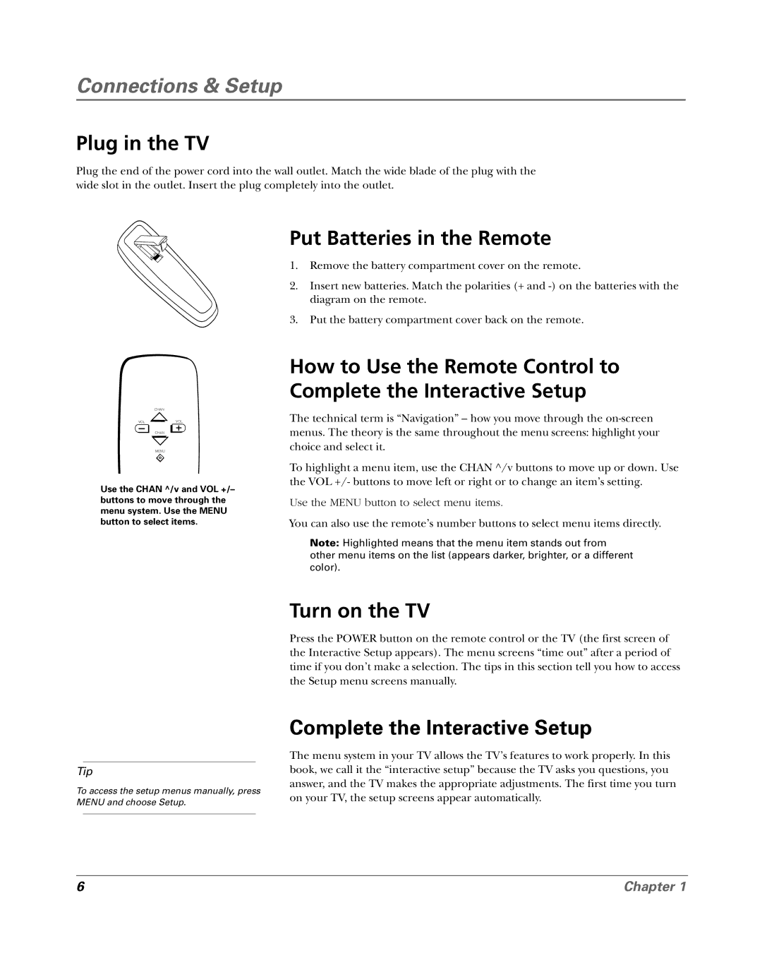 RCA 15956220 manual Plug in the TV, Put Batteries in the Remote, Turn on the TV, Complete the Interactive Setup 