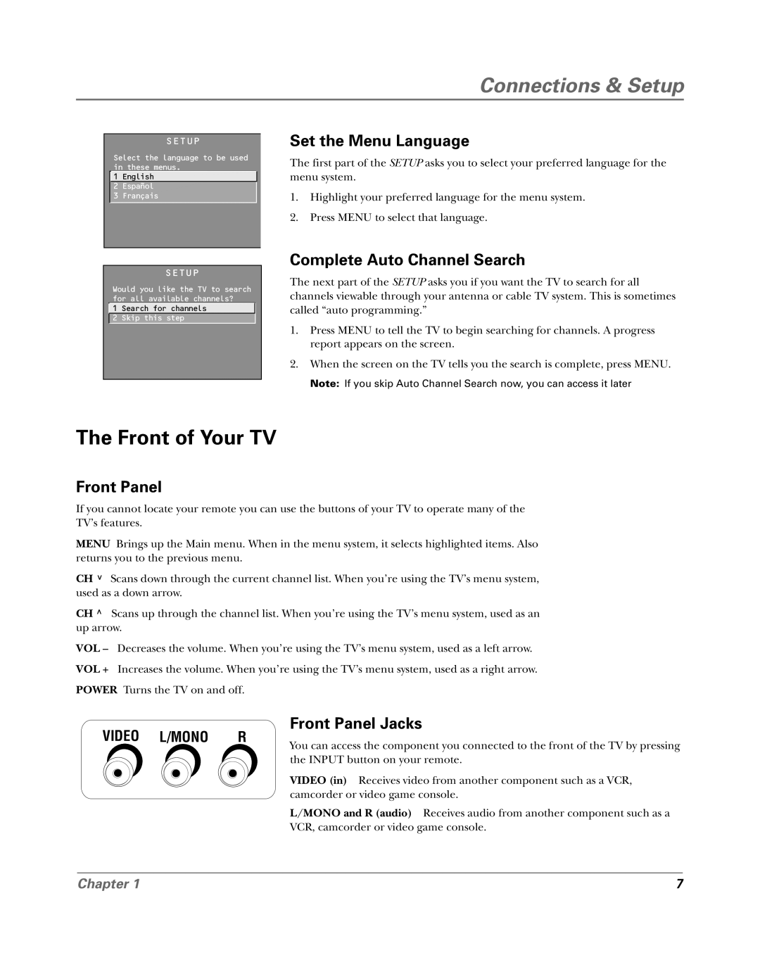 RCA 15956220 manual Front of Your TV, Set the Menu Language, Complete Auto Channel Search, Front Panel Jacks 