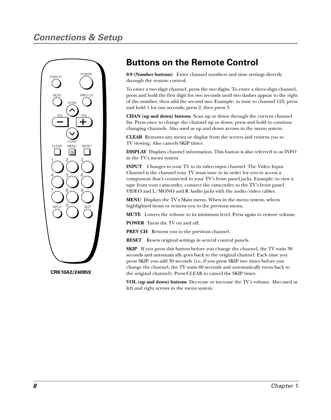 RCA 15956220 manual Buttons on the Remote Control, Connections & Setup, Chapter, CRK10A2/240959 