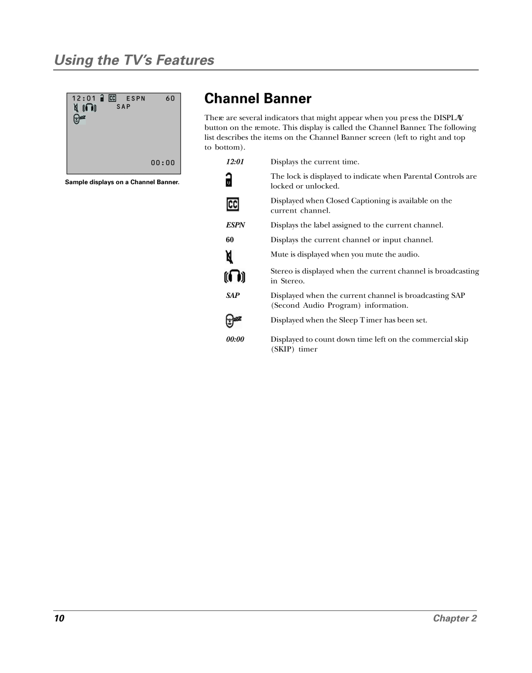 RCA 15956220 manual Using the TV’s Features, Channel Banner, Chapter, 0000 