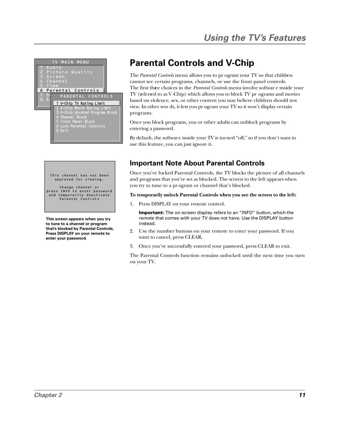 RCA 15956220 manual Parental Controls and V-Chip, Important Note About Parental Controls, Using the TV’s Features, Chapter 