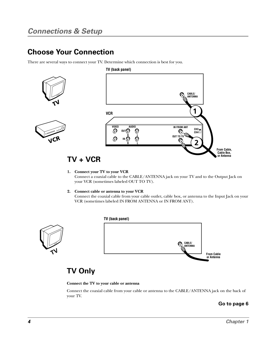 RCA 15956220 manual Connections & Setup, Choose Your Connection, Tv + Vcr, TV Only, Go to page, Chapter, TV back panel 
