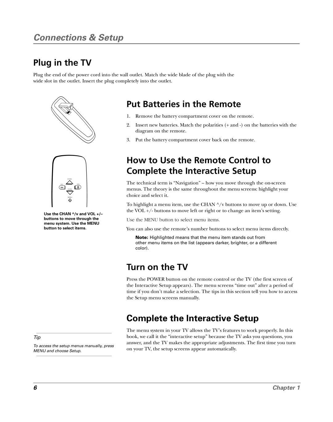 RCA 15956220 Plug in the TV, Put Batteries in the Remote, How to Use the Remote Control to Complete the Interactive Setup 