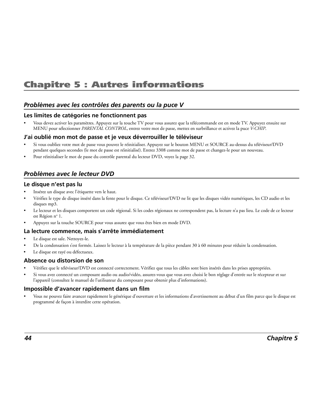 RCA 15L500TD manual Problèmes avec les contrôles des parents ou la puce 