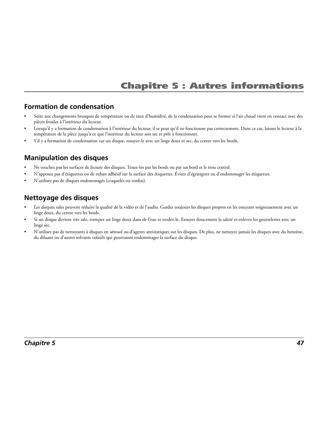 RCA 15L500TD manual Formation de condensation, Manipulation des disques, Nettoyage des disques 