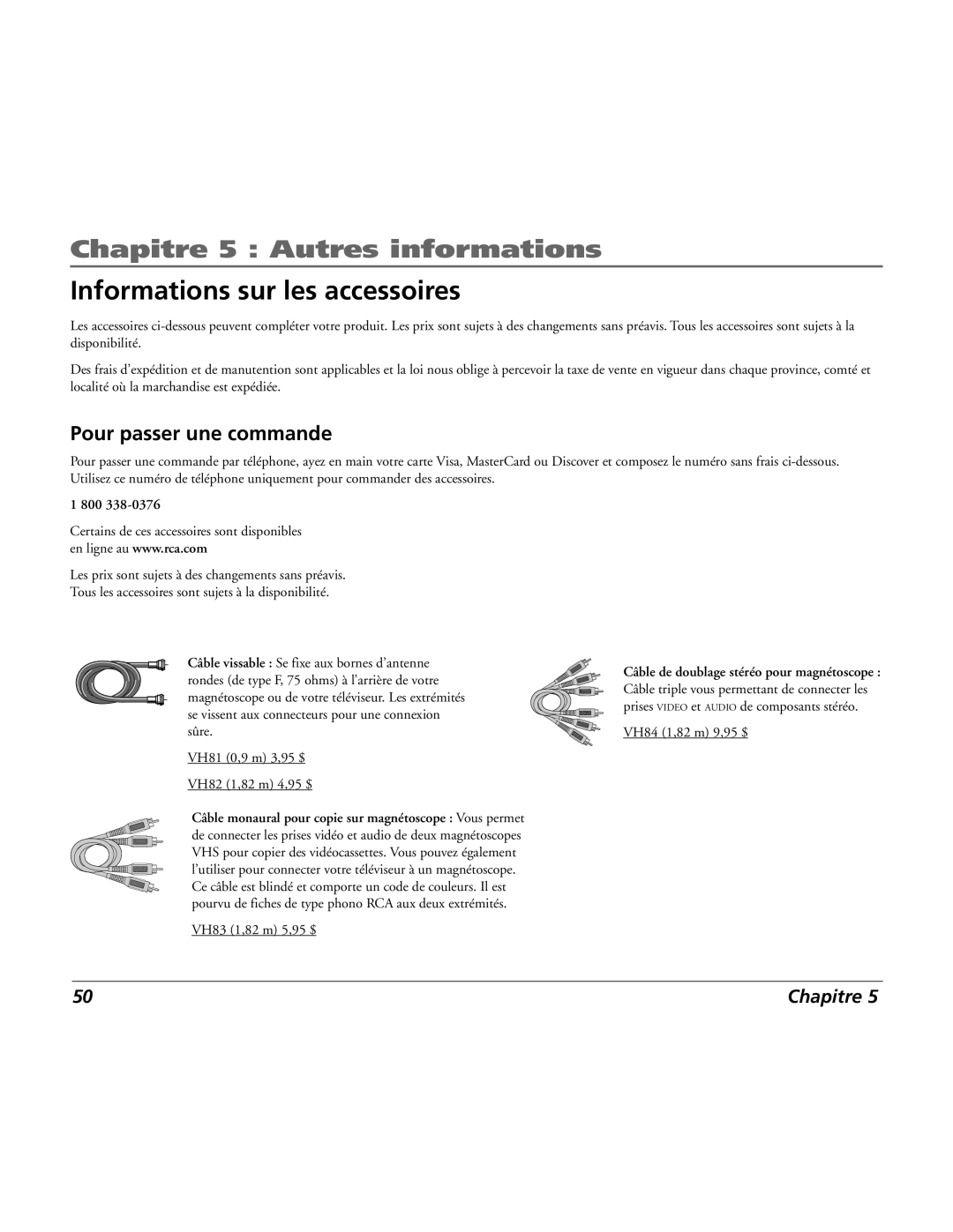 RCA 15L500TD manual Informations sur les accessoires, Pour passer une commande 