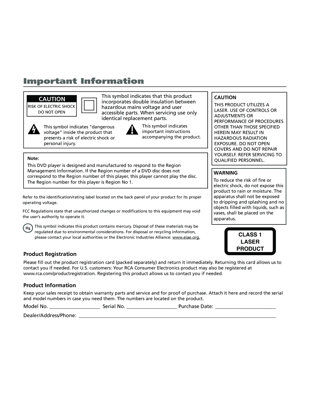 RCA 15L500TD manual Important Information 