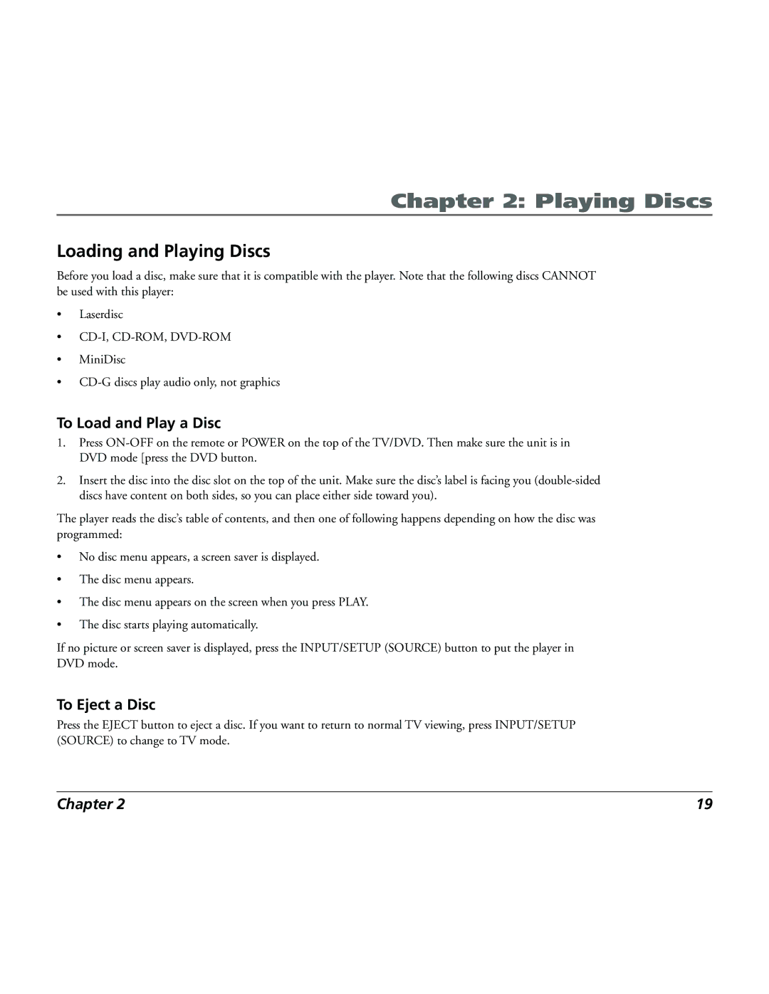 RCA 15L500TD manual Loading and Playing Discs, To Load and Play a Disc 