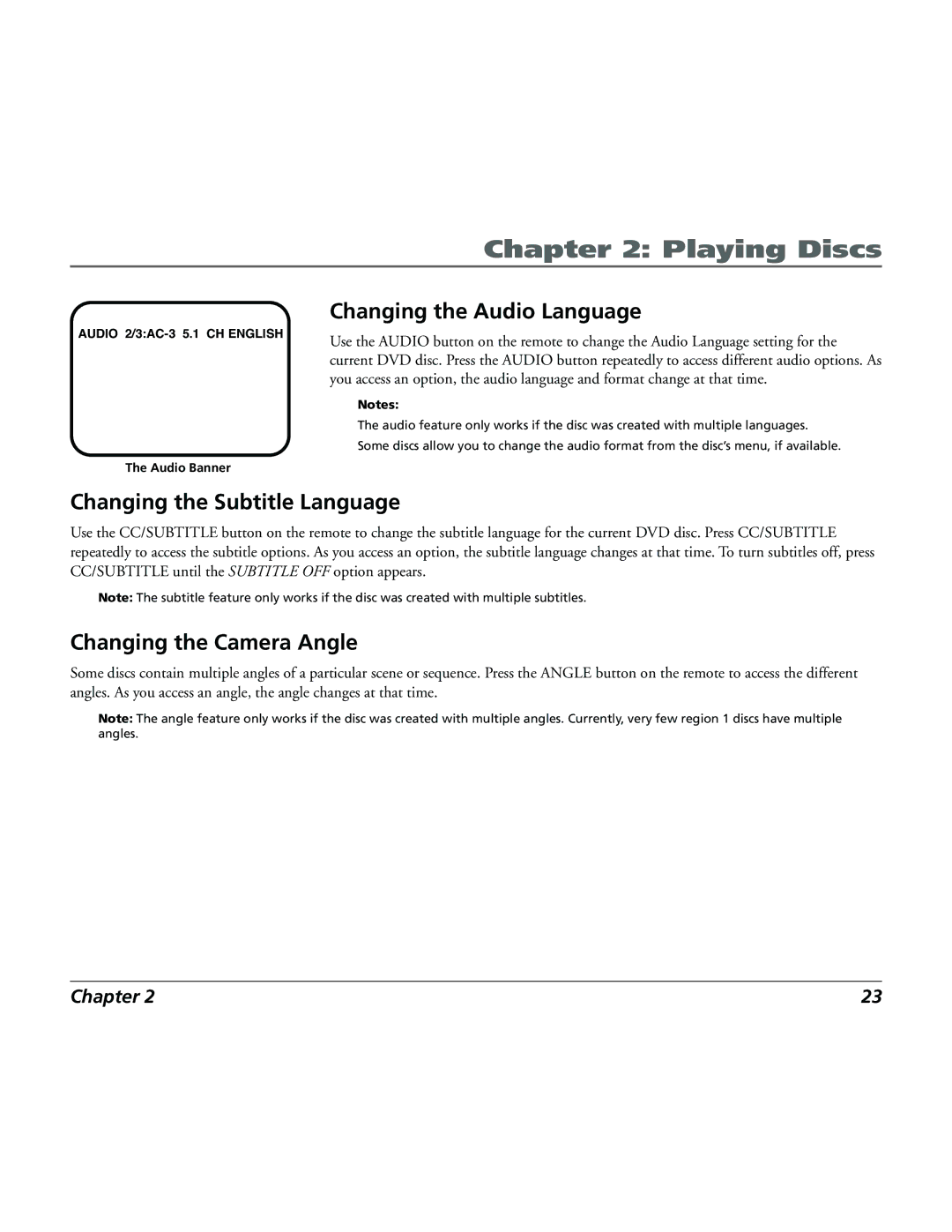 RCA 15L500TD manual Changing the Audio Language, Changing the Subtitle Language, Changing the Camera Angle 