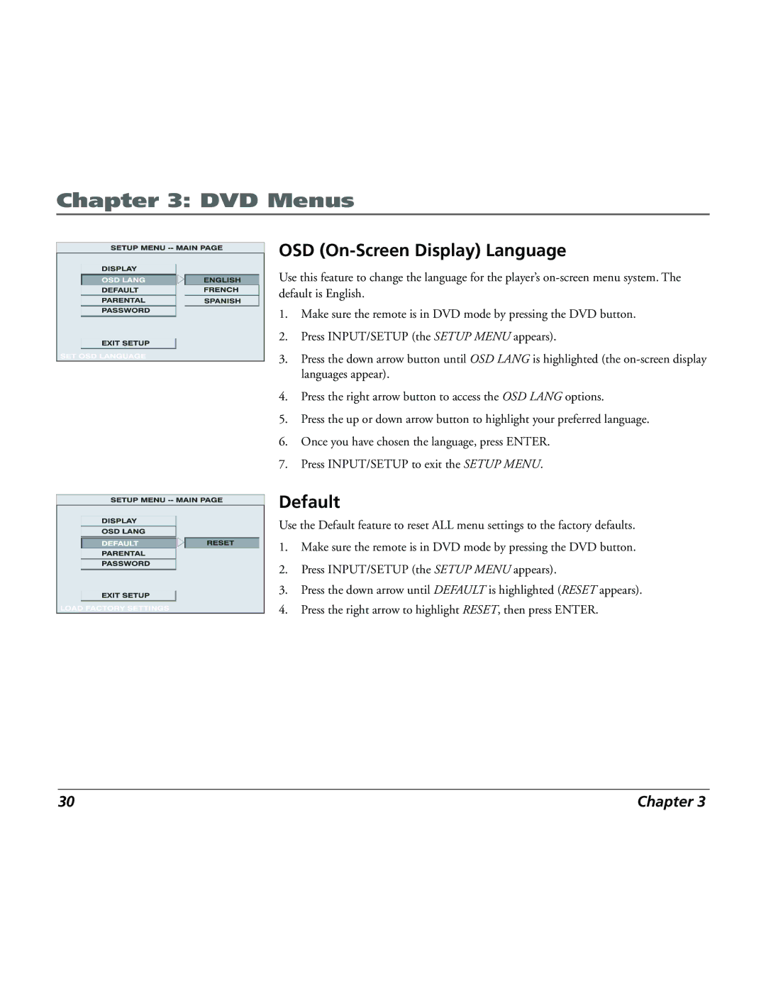 RCA 15L500TD manual OSD On-Screen Display Language, Default 