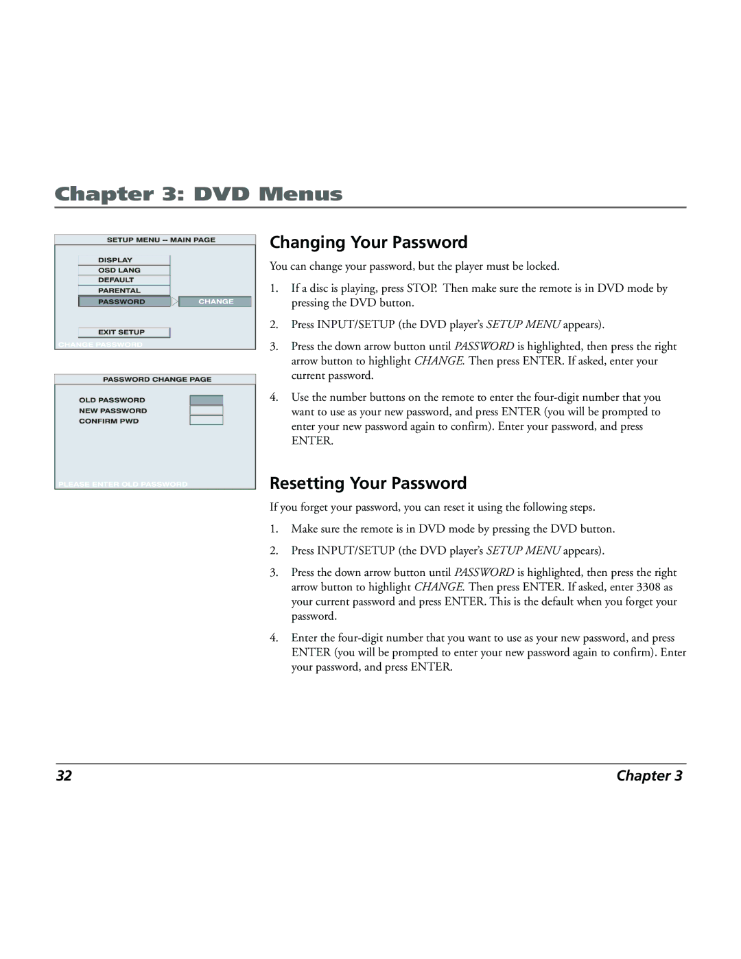 RCA 15L500TD manual Changing Your Password, Resetting Your Password 