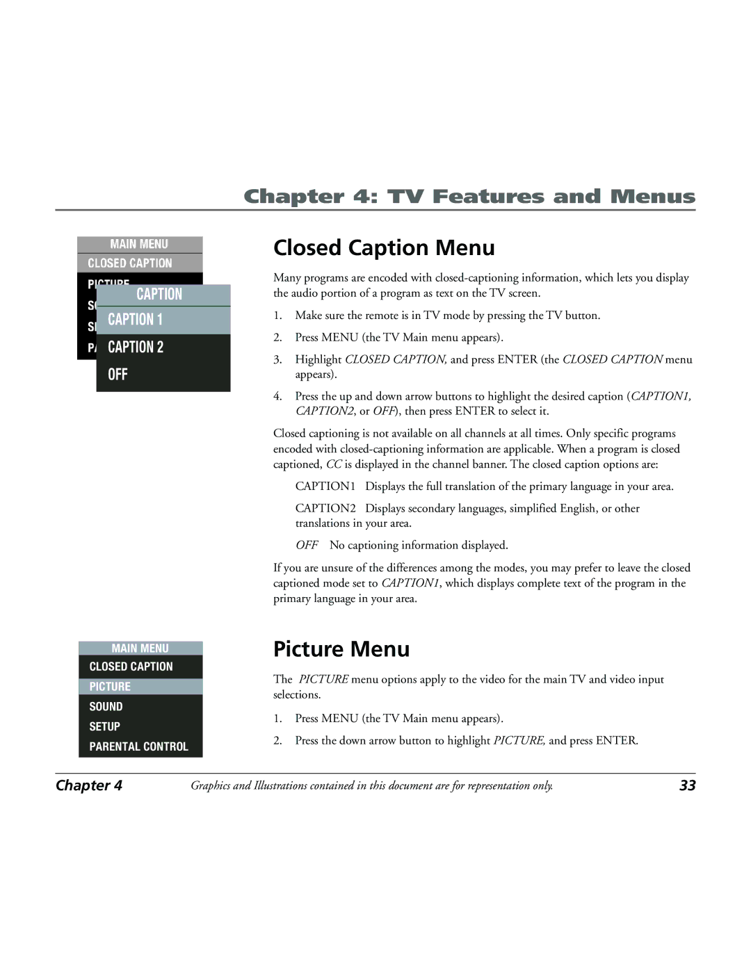 RCA 15L500TD manual Closed Caption Menu, Picture Menu 