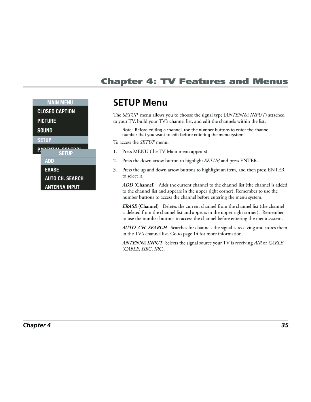 RCA 15L500TD manual Setup Menu 