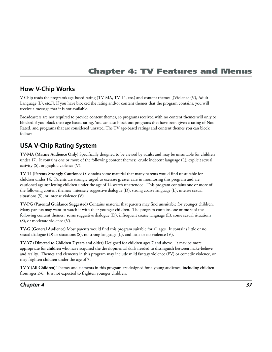 RCA 15L500TD manual How V-Chip Works, USA V-Chip Rating System 