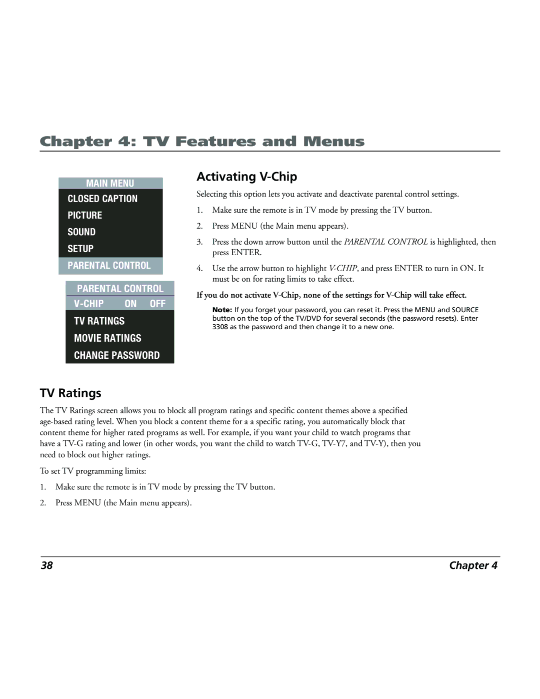 RCA 15L500TD manual Activating V-Chip, TV Ratings 