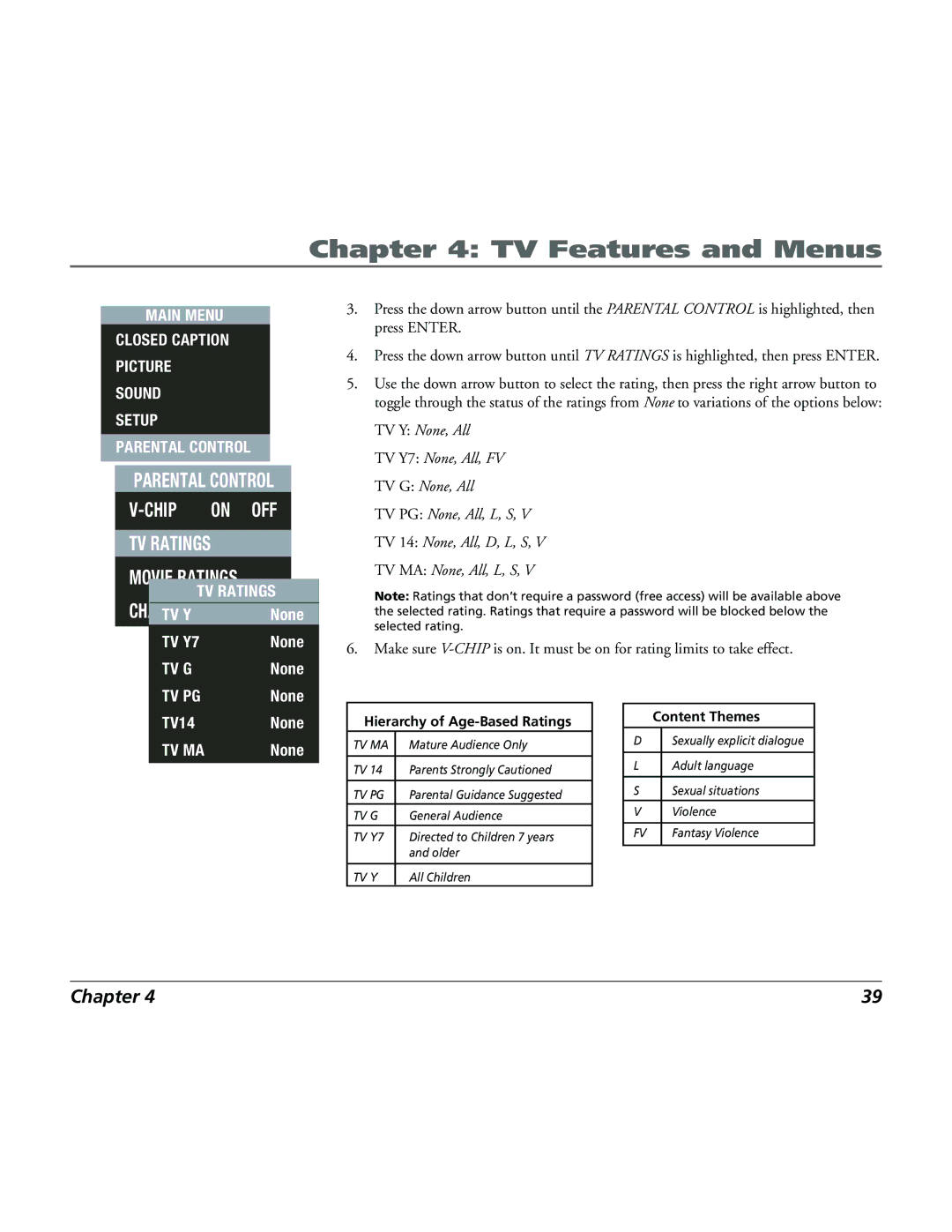 RCA 15L500TD manual Parental Control Chip on OFF TV Ratings Movie Ratings 