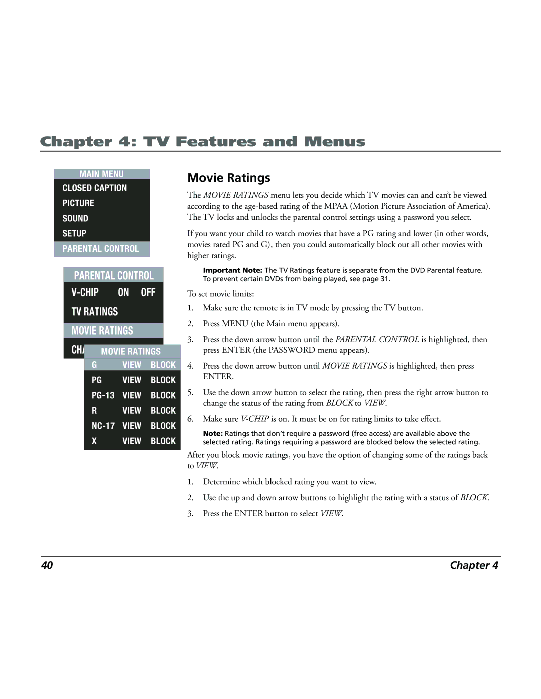 RCA 15L500TD manual Chip on OFF TV Ratings Movie Ratings 