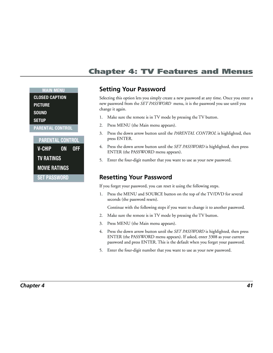 RCA 15L500TD manual Setting Your Password, Resetting Your Password 