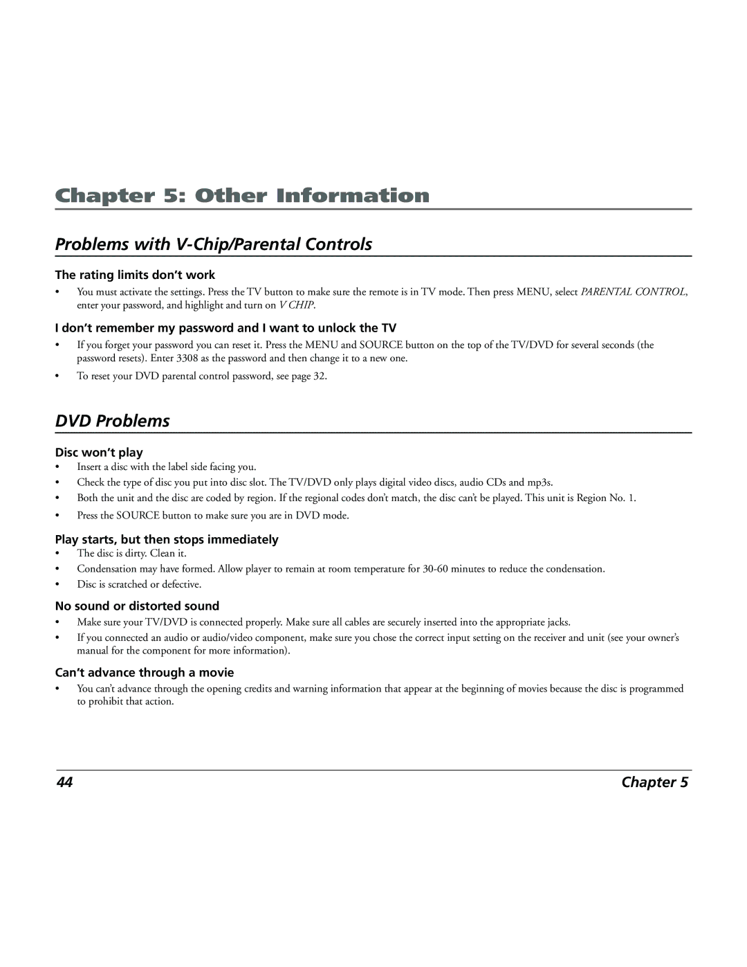 RCA 15L500TD manual Problems with V-Chip/Parental Controls 