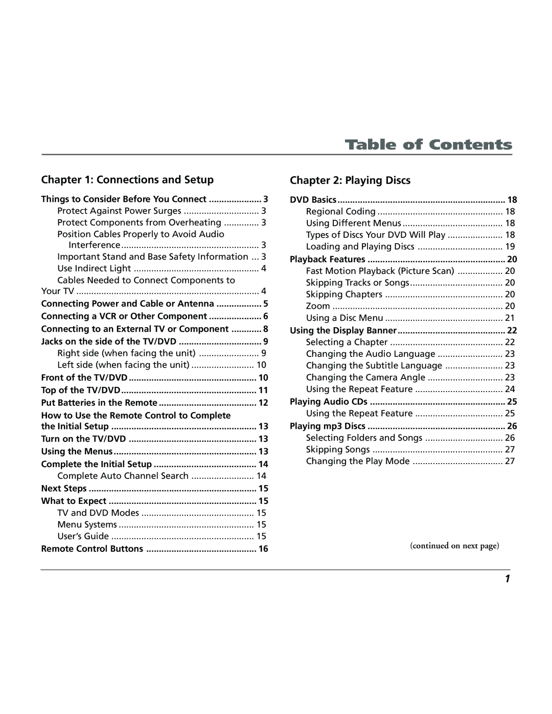 RCA 15L500TD manual Table of Contents 