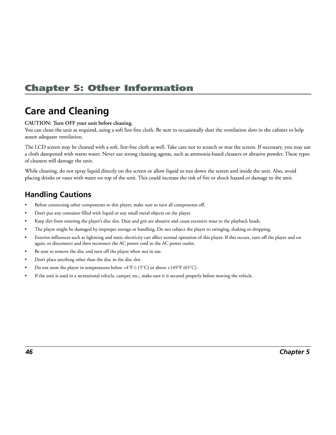 RCA 15L500TD manual Care and Cleaning, Handling Cautions 