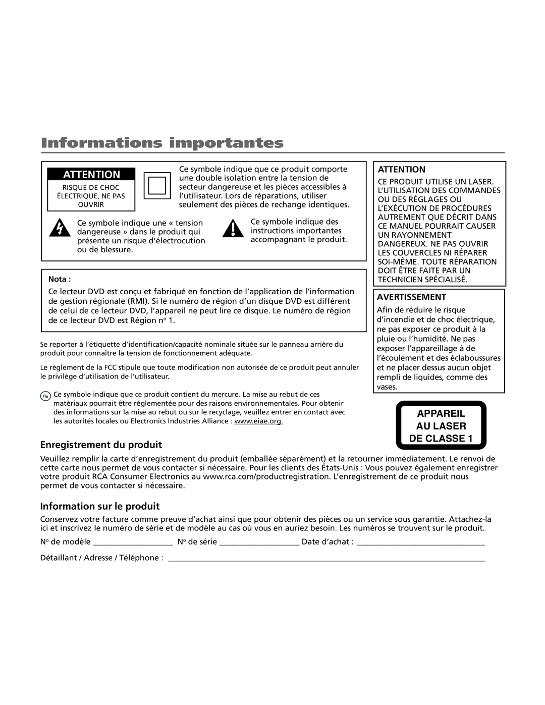 RCA 15L500TD manual Informations importantes 