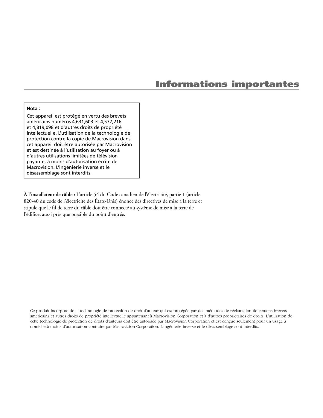 RCA 15L500TD manual Informations importantes 