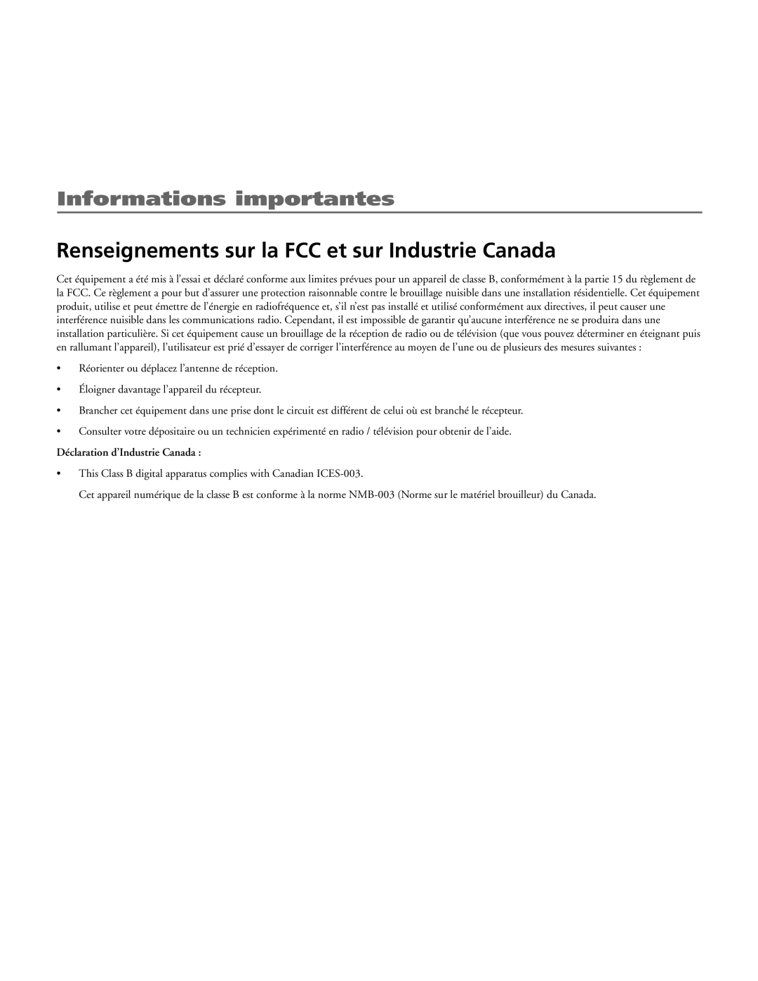 RCA 15L500TD manual Renseignements sur la FCC et sur Industrie Canada, Déclaration d’Industrie Canada 