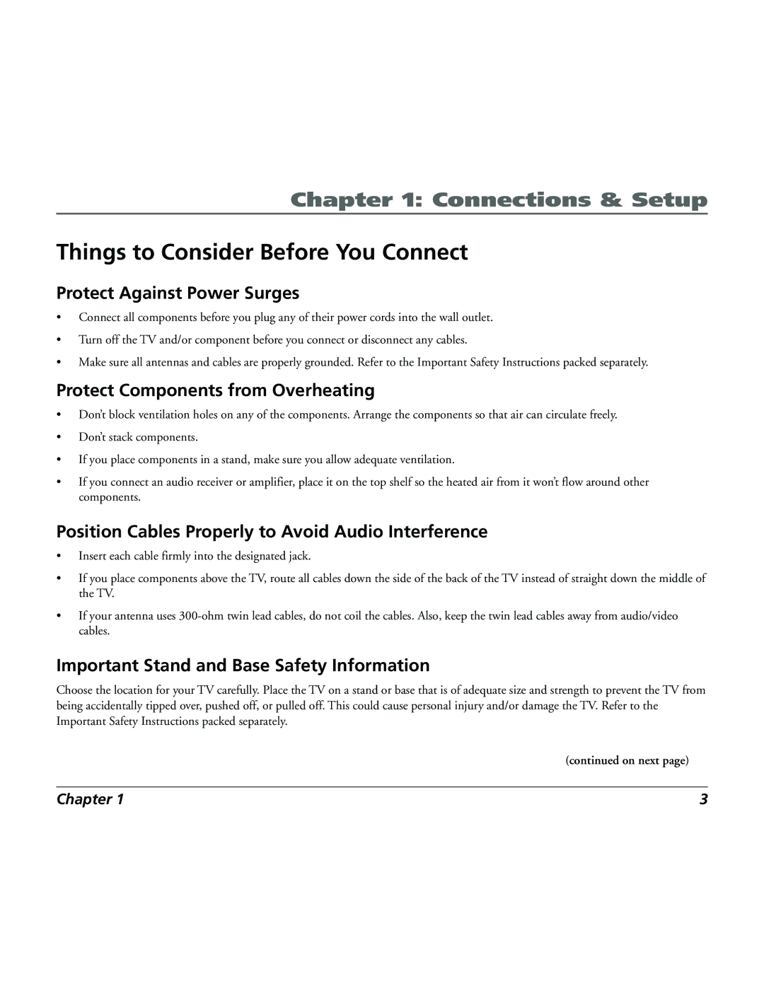 RCA 15L500TD Things to Consider Before You Connect, Protect Against Power Surges, Protect Components from Overheating 