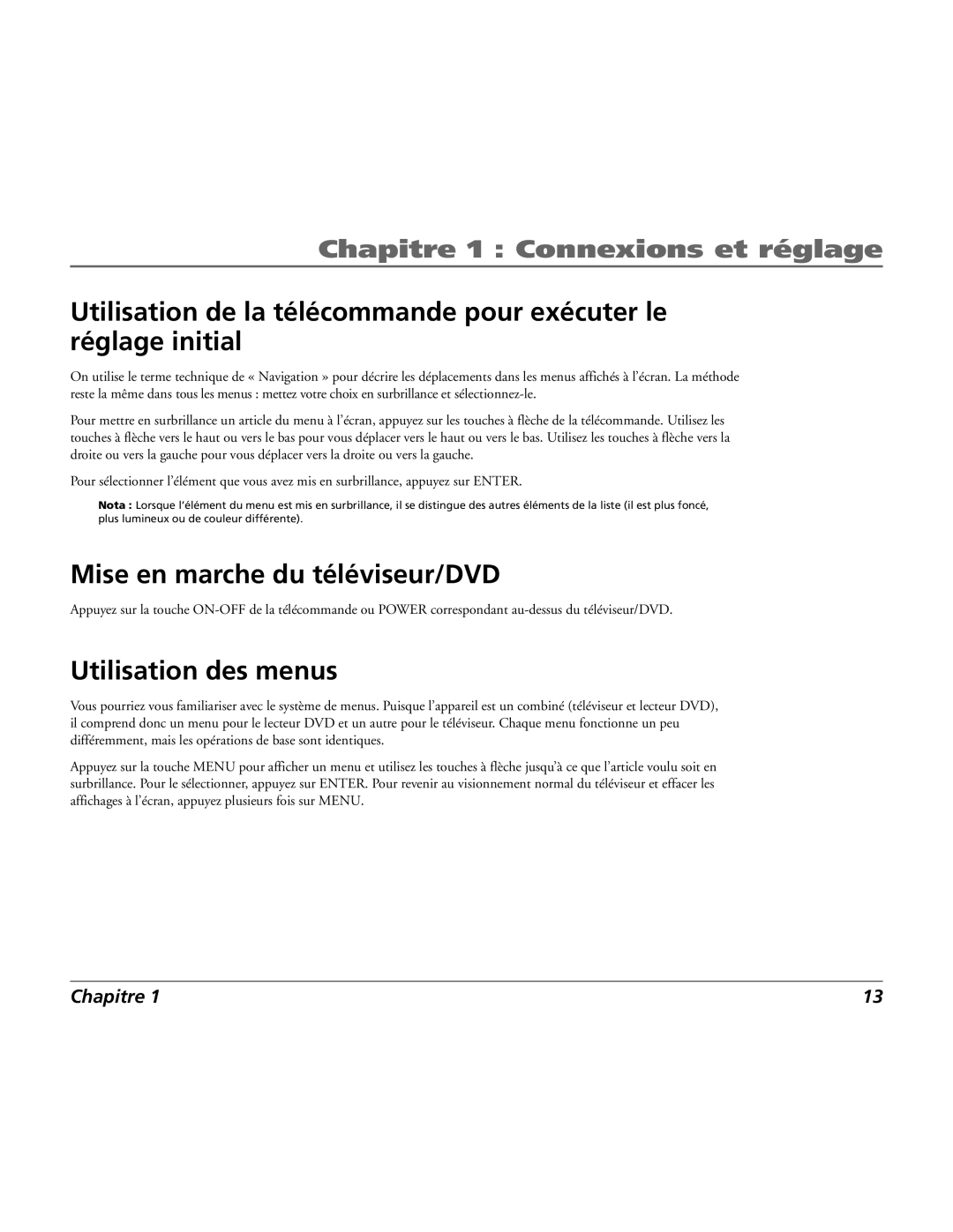 RCA 15L500TD manual Mise en marche du téléviseur/DVD, Utilisation des menus 