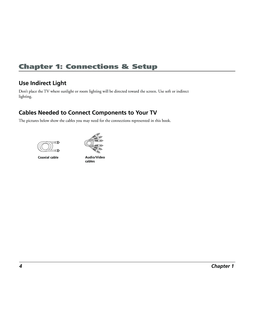 RCA 15L500TD manual Use Indirect Light, Cables Needed to Connect Components to Your TV 