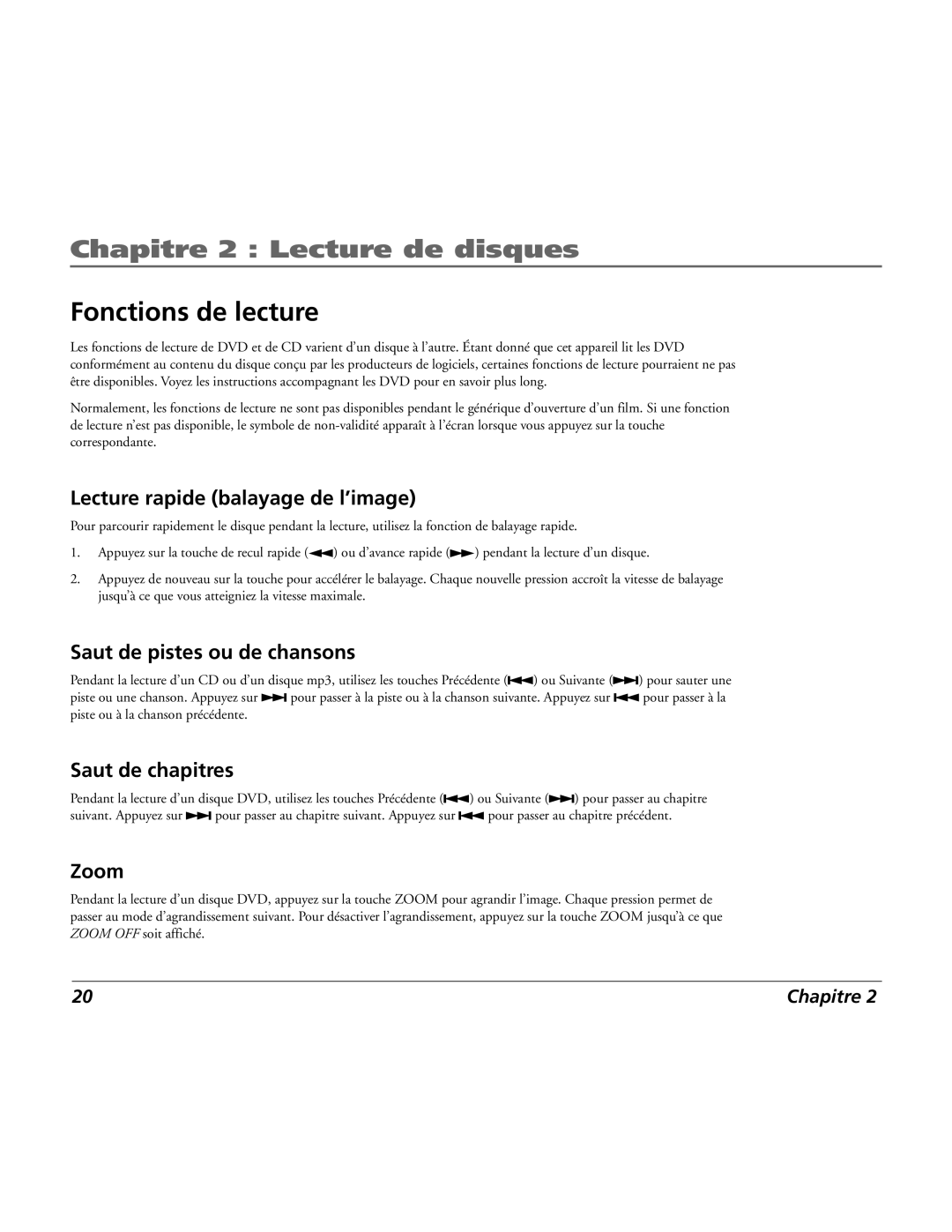 RCA 15L500TD Fonctions de lecture, Lecture rapide balayage de l’image, Saut de pistes ou de chansons, Saut de chapitres 