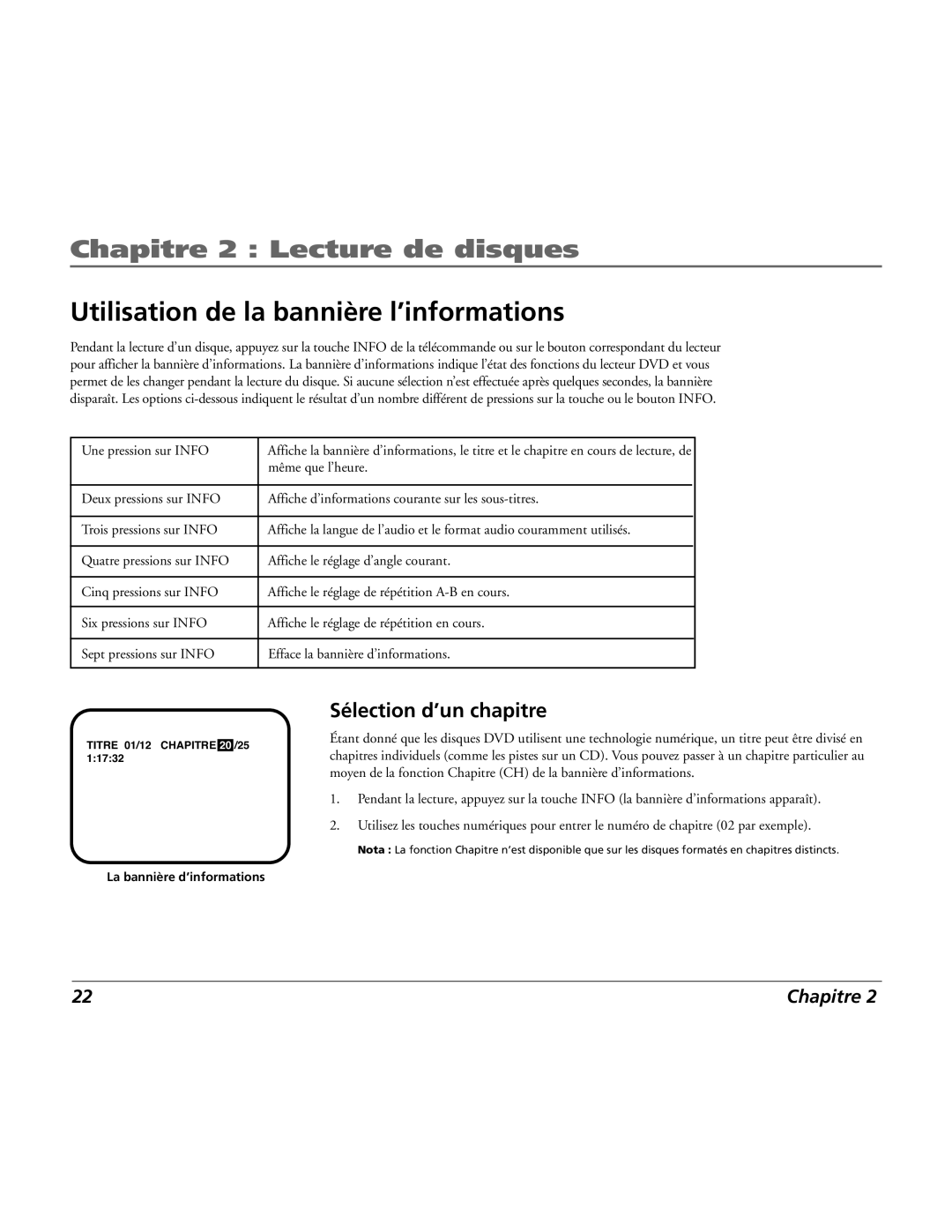 RCA 15L500TD manual Utilisation de la bannière l’informations, Sélection d’un chapitre 