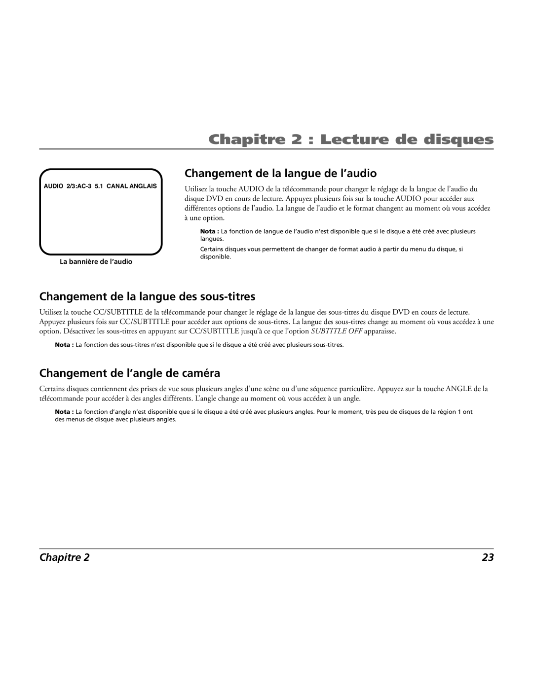 RCA 15L500TD Changement de la langue de l’audio, Changement de la langue des sous-titres, Changement de l’angle de caméra 