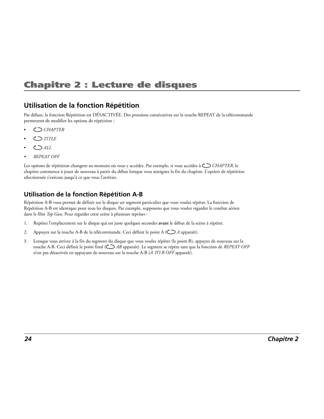 RCA 15L500TD manual Utilisation de la fonction Répétition, Repeat OFF 