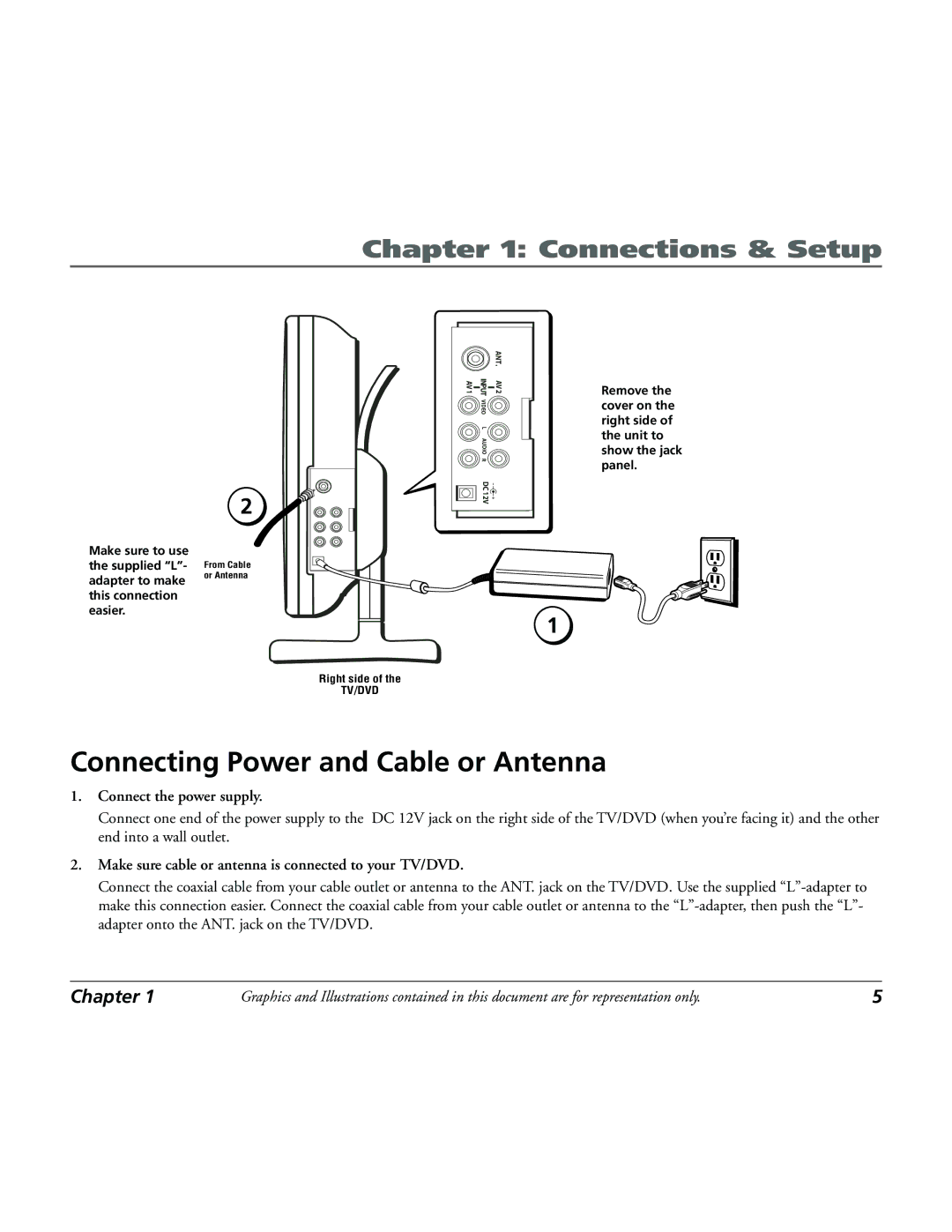 RCA 15L500TD manual Connecting Power and Cable or Antenna, Connect the power supply 