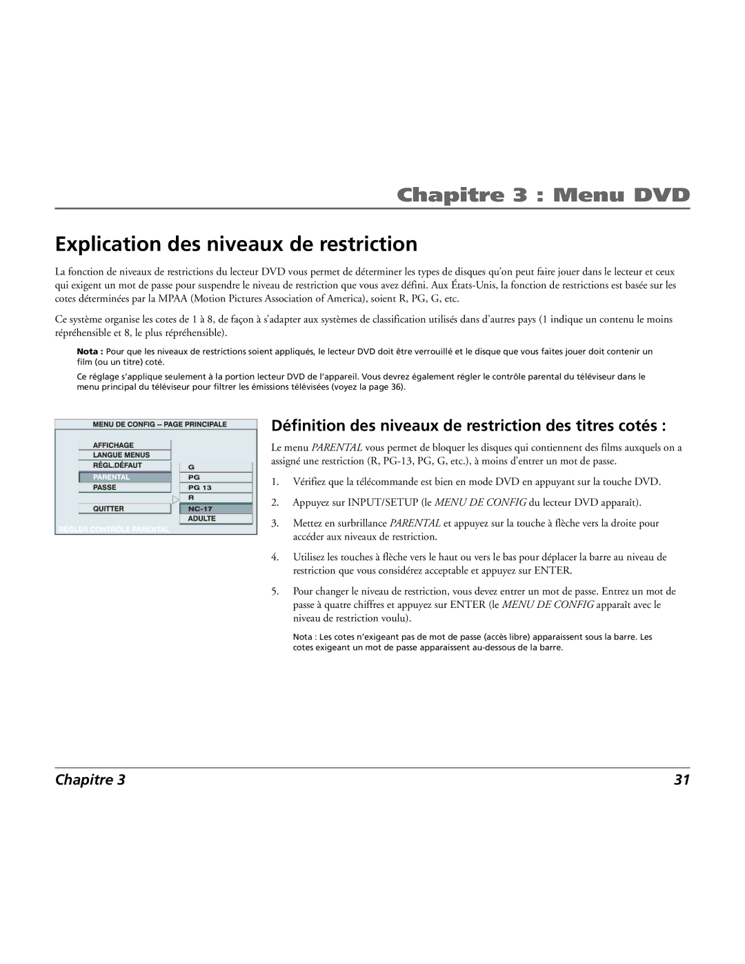 RCA 15L500TD manual Explication des niveaux de restriction, Définition des niveaux de restriction des titres cotés 