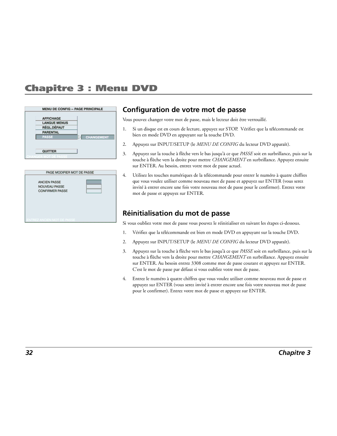 RCA 15L500TD manual Configuration de votre mot de passe, Réinitialisation du mot de passe 